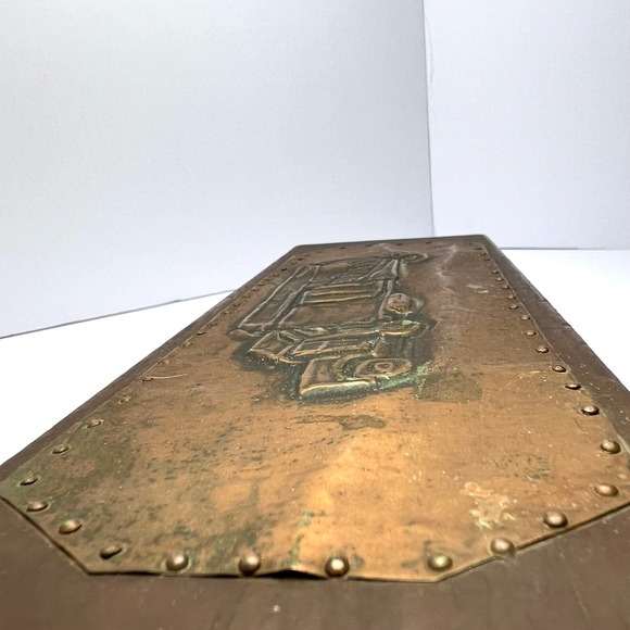 Vintage Handmade Wooden Pencil Box With Copper Bas-Relief Design Truck Transport - Picture 10 of 13
